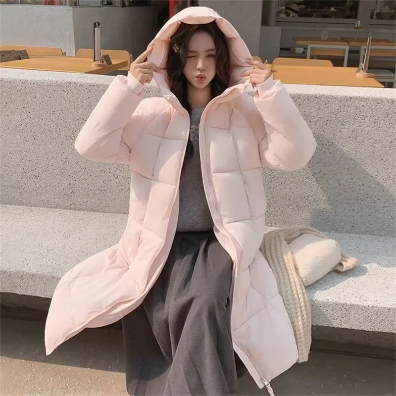 2026 Fashion Winter Women's Parkas Over The Knee Korean Design Thick Warm Students Sweet Hooded Long Down Cotton Coat