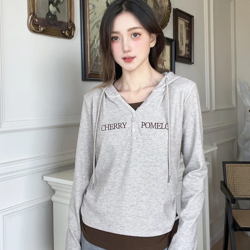 New Women Hooded Sweatshirts Long Sleeve Drawstring Casual Female Outwear Spring Autumn Jogger Top Woman Fake Two Pieces Hoodies
