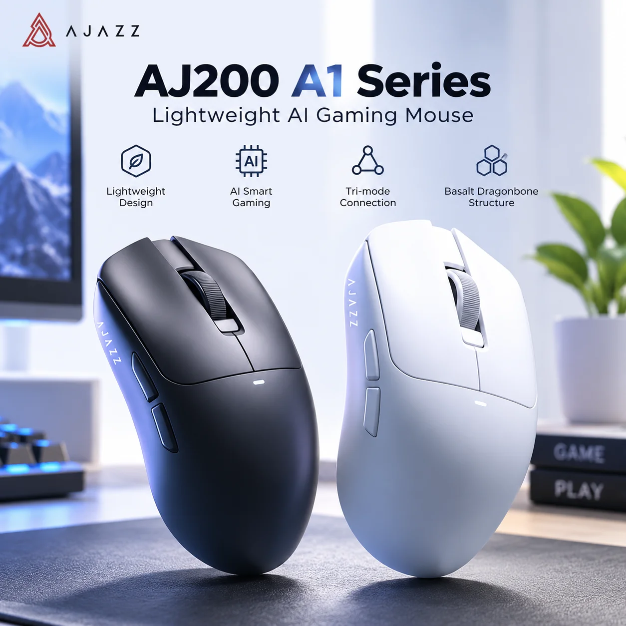 Ajazz Aj200 Ai Wireless Gaming Mouse Tri Mode Bluetooth Wired Ergonomic Voice Control Mouse For Laptop Office Gaming