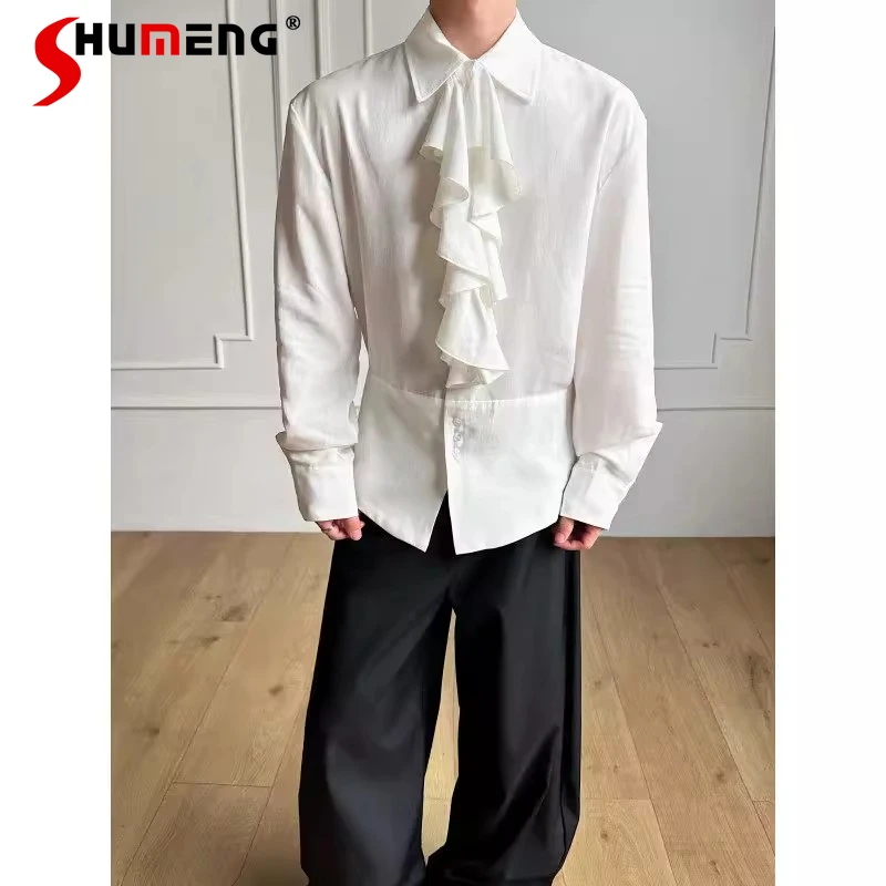 

Men's 2026 Spring Summer New Detachable Lotus Leaf Collar Shirts Long Sleeve Solid Color Trendy Light Luxury Temperament Tops