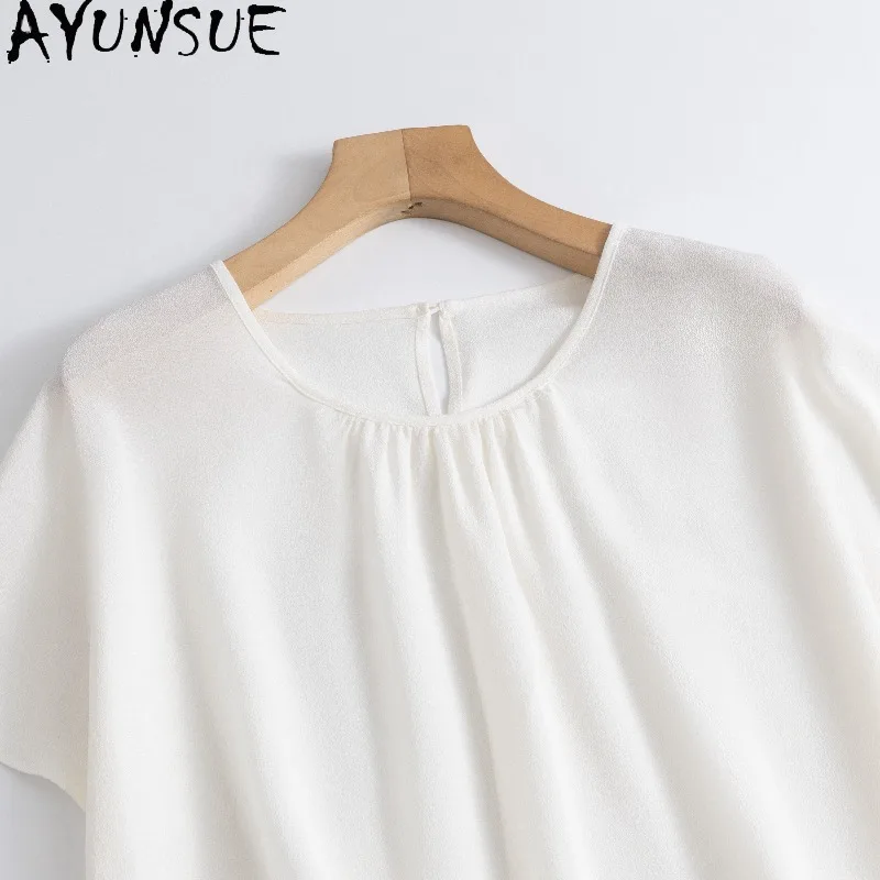 AYUNSUE 100% Silk Women's T-shirts Solid O-neck Pullover Blouse Loose White Tops for Woman Summer Clothes Woman 2026 ropa mujer