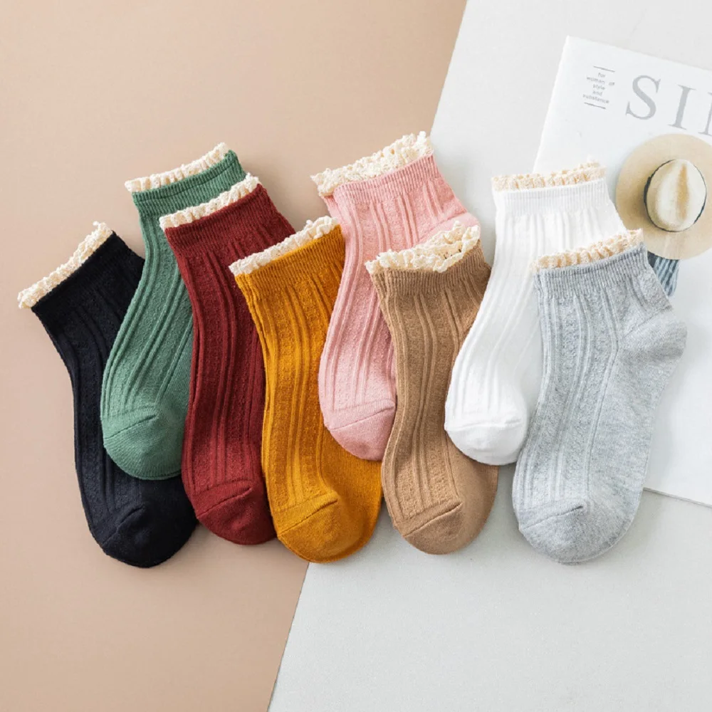

New Funny Sweet Cute Short Solid Candy Color Lace Socks Hosiery Cotton Socks Ruffles Women Socks