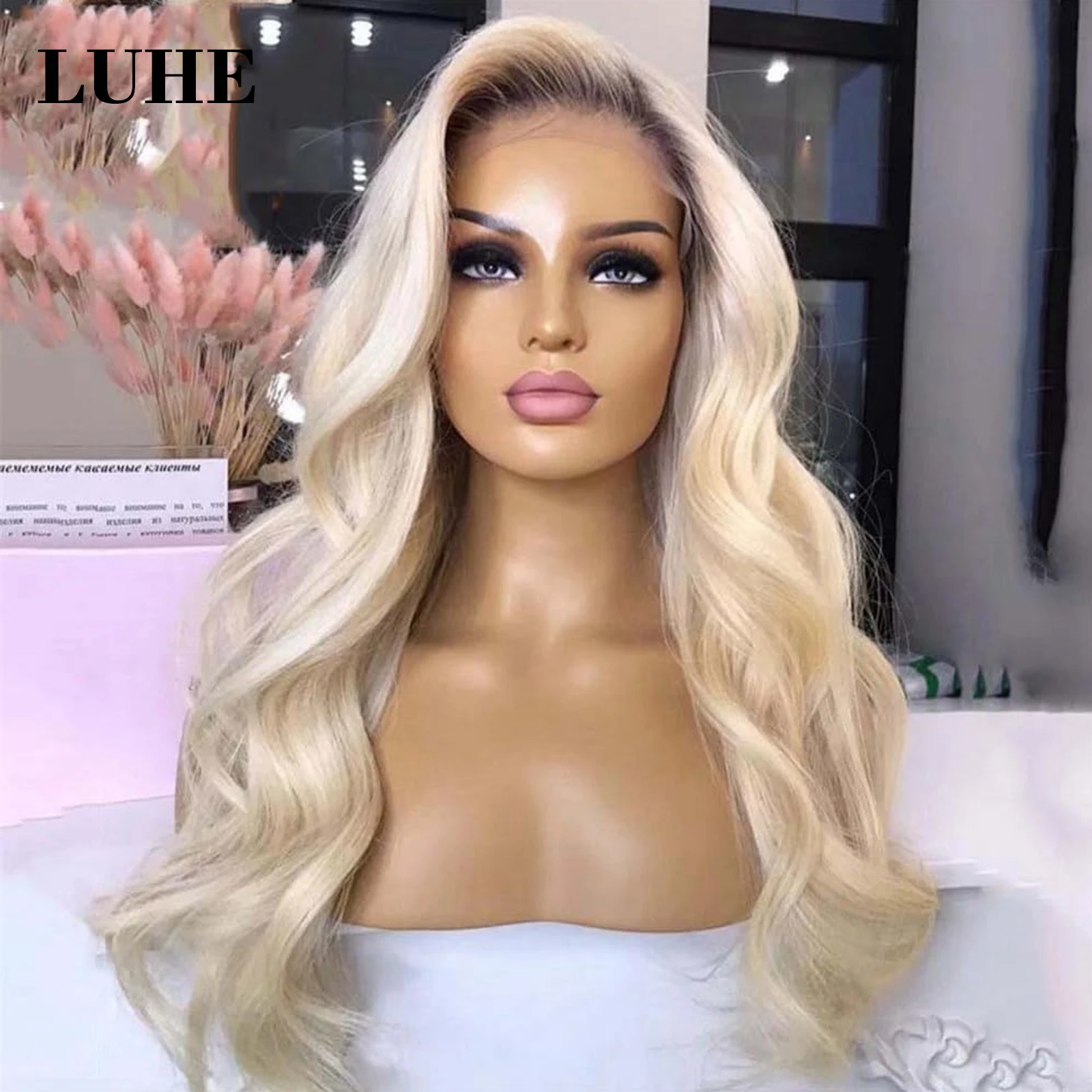 Ombre Platinum Blonde Body Wave Synthetic Hair Wigs 13x3 Lace Front Wigs For Women 30 Inch Dark Root Long Wavy Lace Frontal Wig