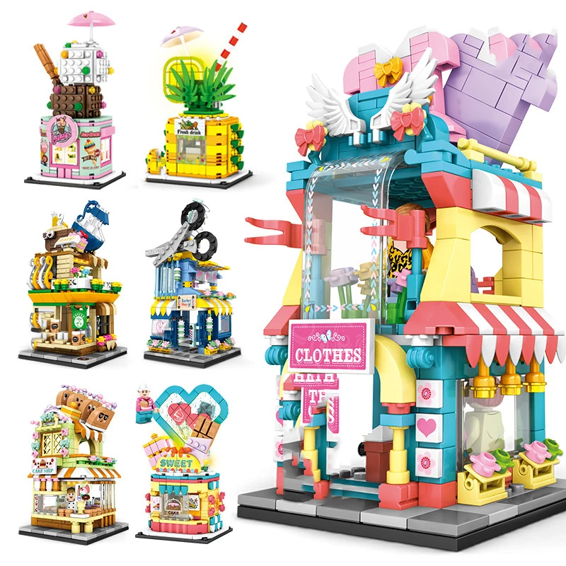 Build Block Street View Clothing Store Cake Bakery Coffee Pineapple Icecream Flower Barber Shop Brick Figure Toy With Light