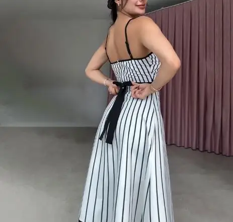 

Womens Dresses 2025 Spring Summer New Fashion Striped Print Round Neck Sleeveless Backless Lace Up Casual High Waist Long Dress