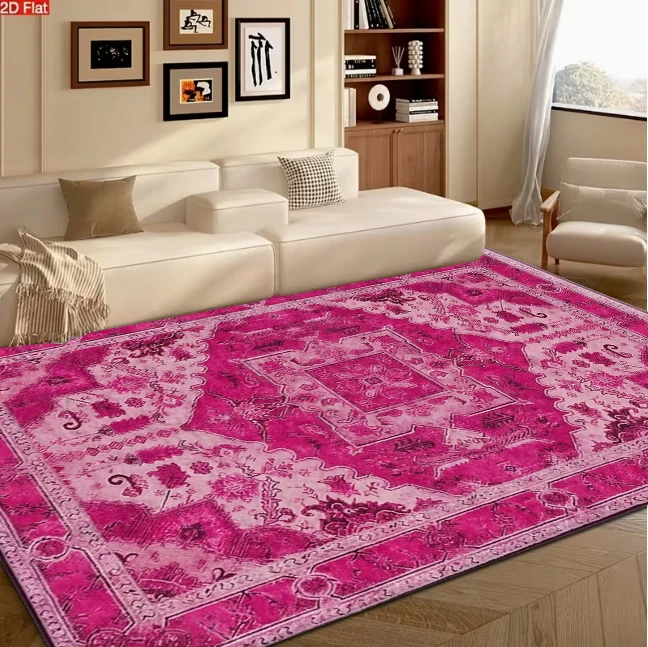Vintage Oriental Medallion Area Rug Bright Pink Fuchsia Non‑Slip Carpet Floor Mat for Living Room Bedroom Home Decor