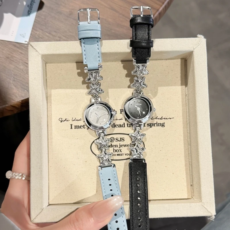 

New Cute Star Decor Women's Quartz Watch with Light Blue Leather Strap Delicate Round Dial Ladies Wristwatch