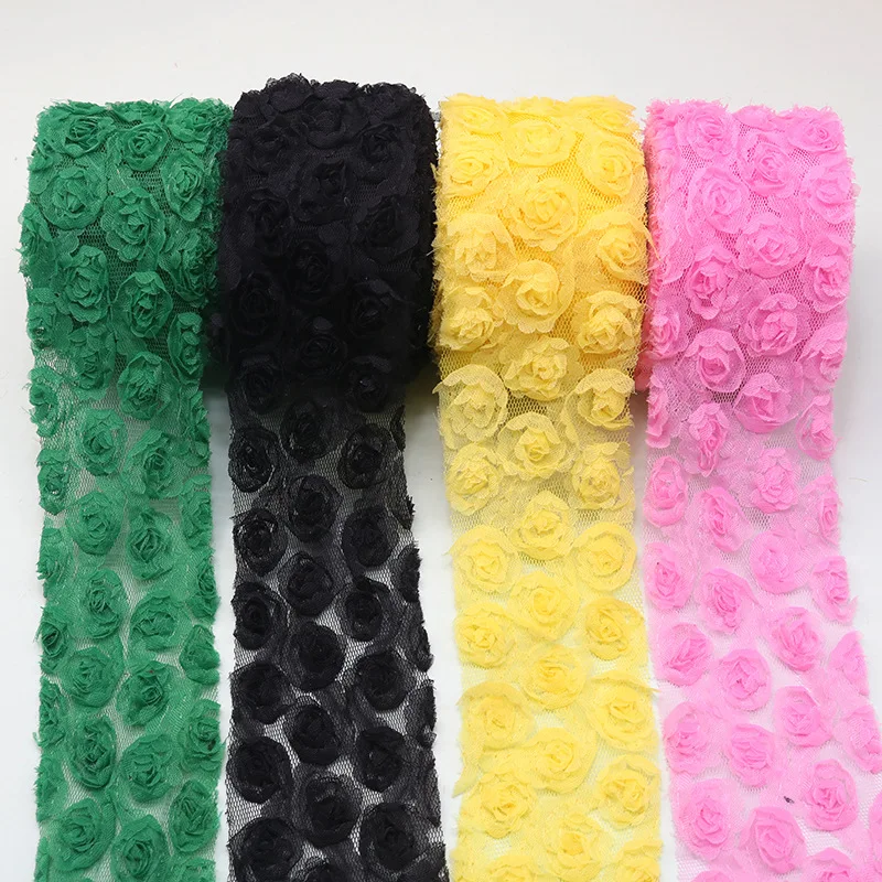 6cm/8cm x 1Yard 3D Chiffon Rose Flower Embroidered Lace Trim Ribbon Fabric DIY Sewing Craft For Costume Headdress Hat Decoration