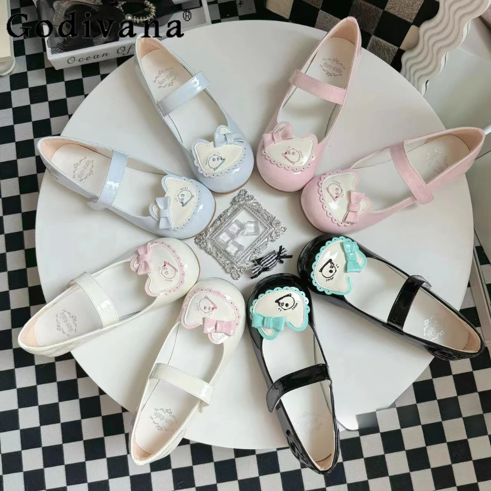 

Cute Round Head Kawaii Shoes for Women Casual College Bow Flat Heel Shoe