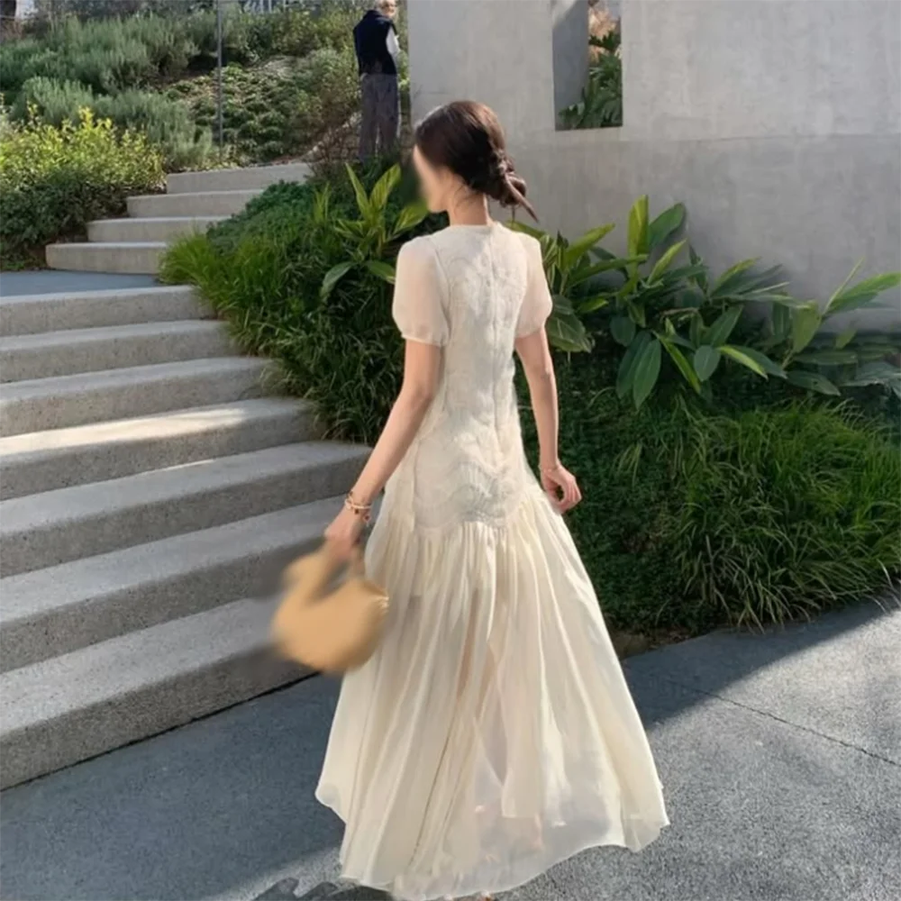 Vestidos de fiesta de una línea personalizados hasta el tobillo, vestidos de noche de manga corta con cuello redondo, vestidos de fiesta de moda drapeados simples