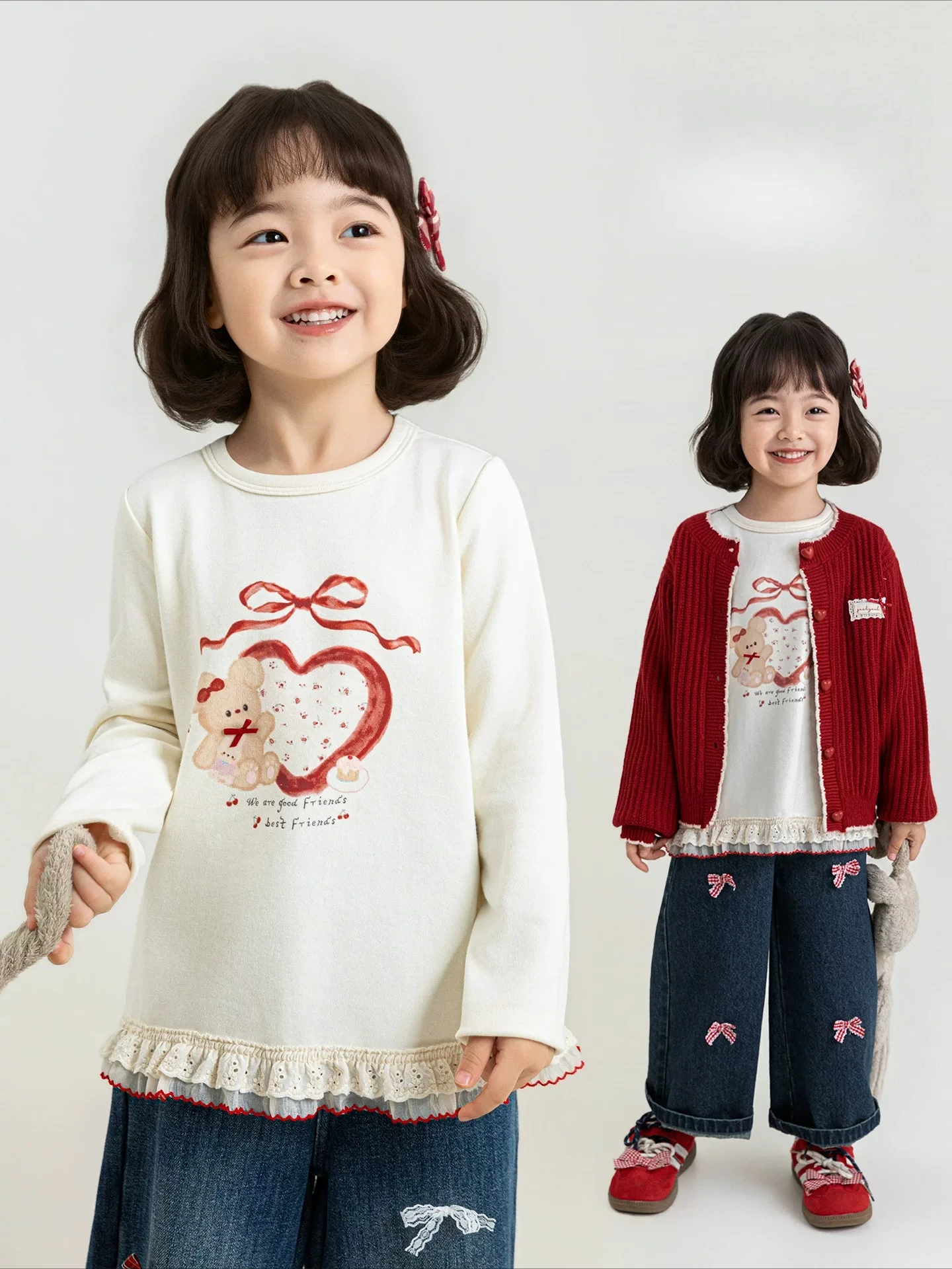 New Arrival Children Girls Round Neck Long Sleeve T-shirt Cartoon Lace Loose Autumn Tops 2-10Y