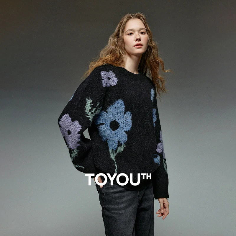 

TOYOUTH Women Sweaters 2025 Winter NewAsymmetric Glutinous Rice Velvet Warm Flower Intarsia Top