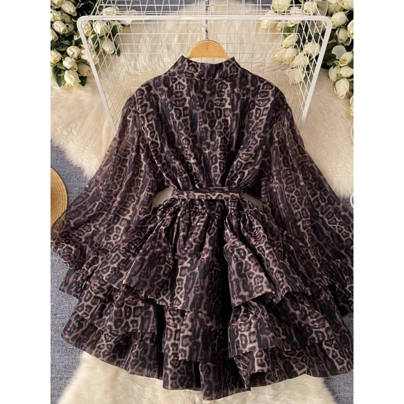 Fashion Women Printed Lantern Sleeve Dress Summer High Sense Strap Waist Polo Neck Design Elegant Cake Leopard Mini Dress Street