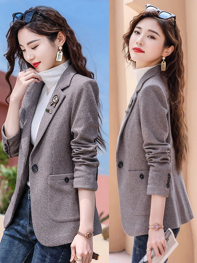

Women's Plaid Suit Jacket Autumn Winter Thickened Casual Slim Fit Cotton Interlined Woolen Coat Stylish Business Lady's Outer...