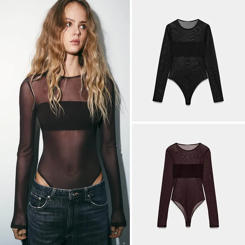 

Весенняя новинка: женский комбинезон с длинными рукавами, круглым вырезом, кружевными вставками и прозрачным дизайном, цельный костюм для молодых женщин