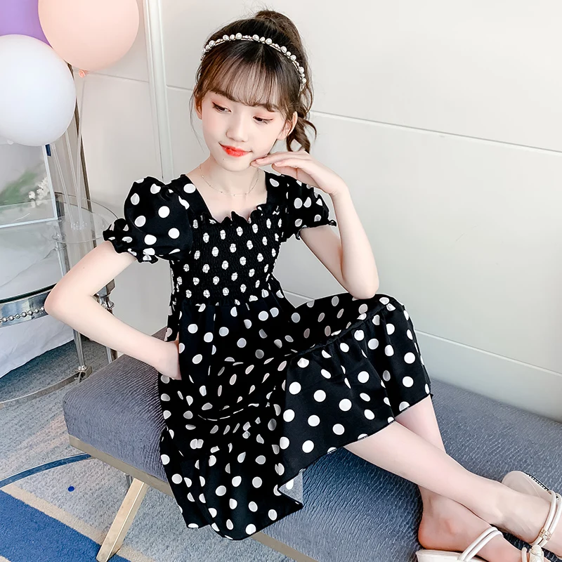 

Polka Dot Square Neck Children's Dress Brand Luxury Design 2022 New Short Sleeve Girls Backless Long Skirt Cheap Baby's Dance