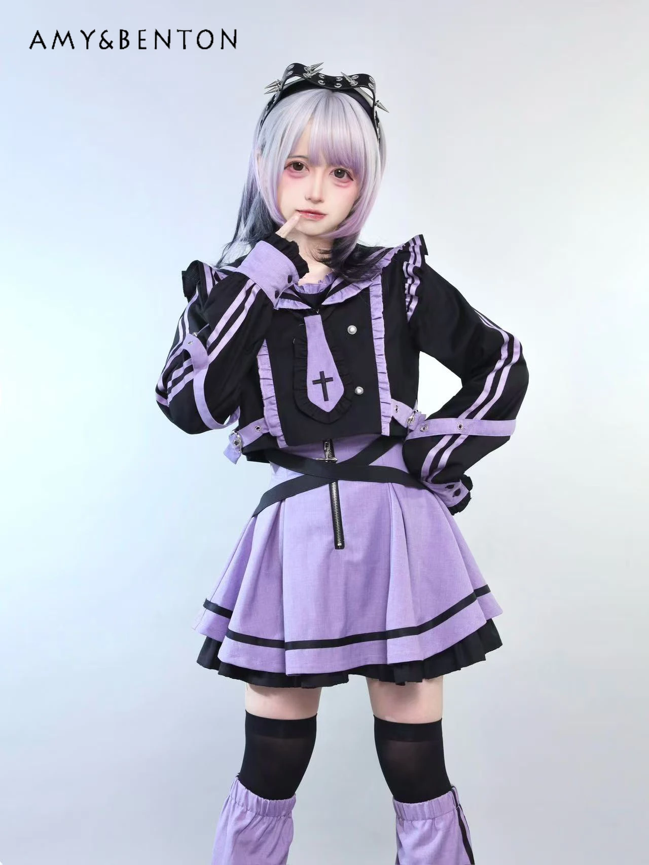 

Subculture Goth Mine Series Mass Production Skirt Sets Punk Style Splicing Color Long Sleeve Shirt Mini Skirt Leg Warmer Outfits