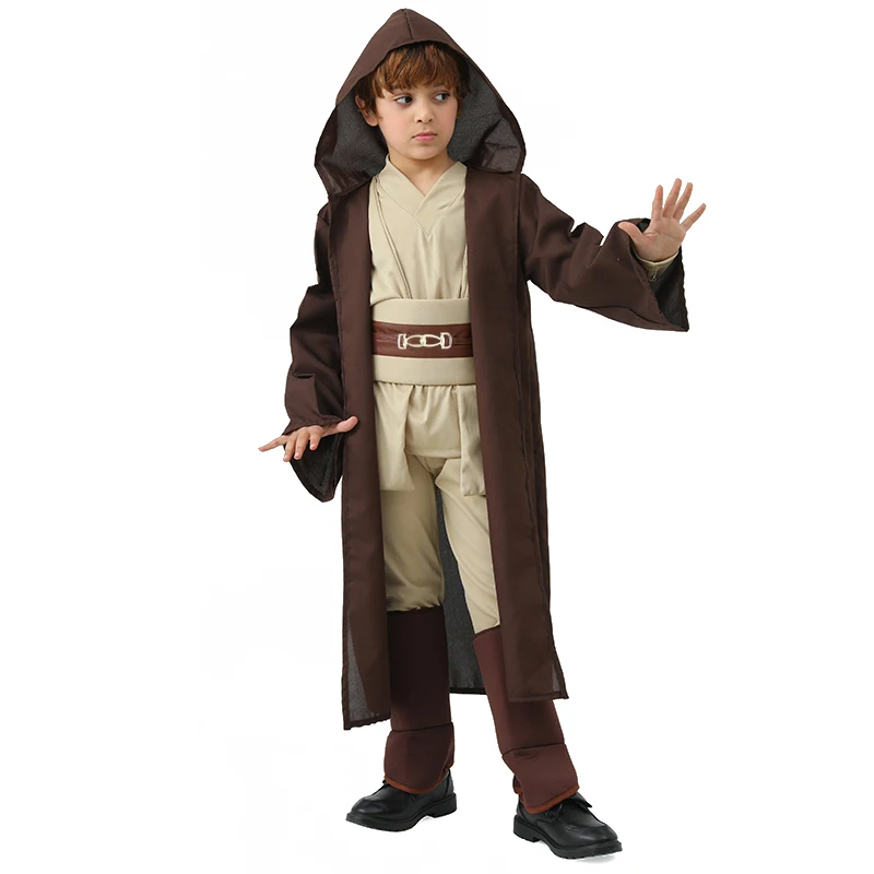 Fantasia de cosplay Obi Wan Kenobi Jedi, adequada para adultos e crianças, uniforme de monge, túnica, conjunto completo de acessórios, Hall