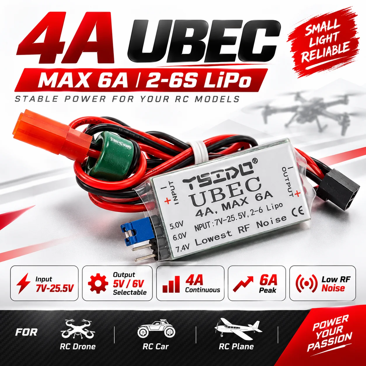 4A UBEC MAX 6A INPUT 7V-25.5V 2~6S Lipo Battery Output 5V/6V Switch Mode BEC for RC Drone Quadcopter RC Car RC Model Accessories