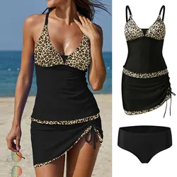 Conjunto de maiô feminino com cordão leopardo, vestido tankini, bodysuit monocromático, biquíni verão, roupa de banho, maiô feminino, tamanho grande