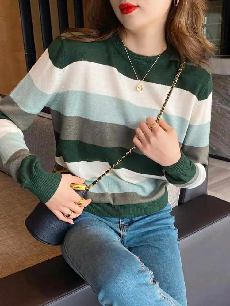 Jesienno-zimowe swetry damskie z długim rękawem z dzianiny O Neck sweter w paski sweter Femme podstawowe solidne koszulki z dżerseju modne ciuchy