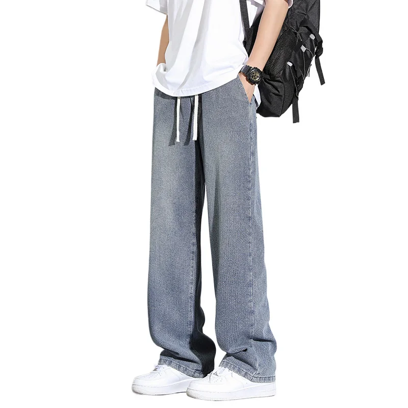 Jeans Kaki Lebar Longgar Modis Pria 2025, Jeans Longgar Retro Jalanan Lurus Kasual, Jeans Nyaman Kasual, Elasti