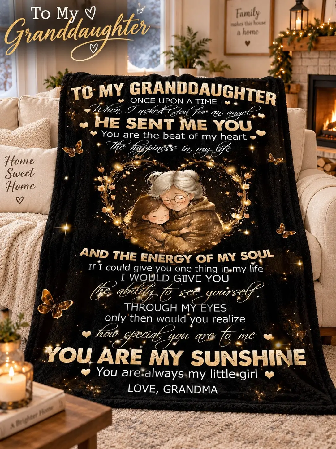 Granddaughter Flannel Blankets & Throws Embrace Butterfly Sparkle Message Gift From Grandma for Birthday Christmas Anniversary Thanksgiving Couch Bed Bedroom Home Travel Reading Office Camping Dorm Picnic Keepsake Holiday Family Present Decorative