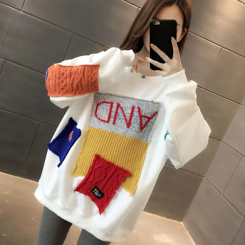 

Woman Tops Autumn and Winter Cold Baggy White Thick Contrasting Colors Pullover Loose Long Warm Sweatshirt for Women Sweat-shirt