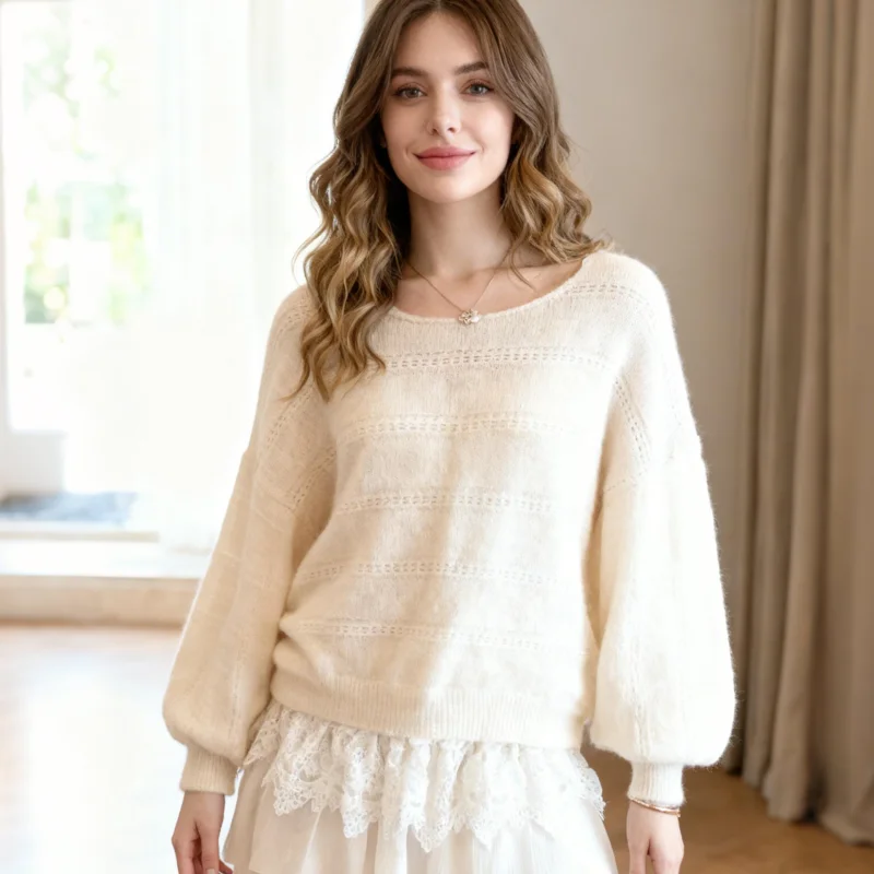 

Осенняя мода, элегантный тонкий офисный повседневный трикотаж с рукавами-фонариками, новая женская одежда, вязаный свитер с круглым вырезом