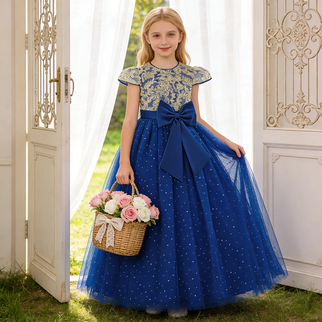Girls Flower Embroidery Party Dress Kids Big Bow Long Wedding Bridesmaid Prom Gown Girl Fashion Lace Birthday Clothes Costumes