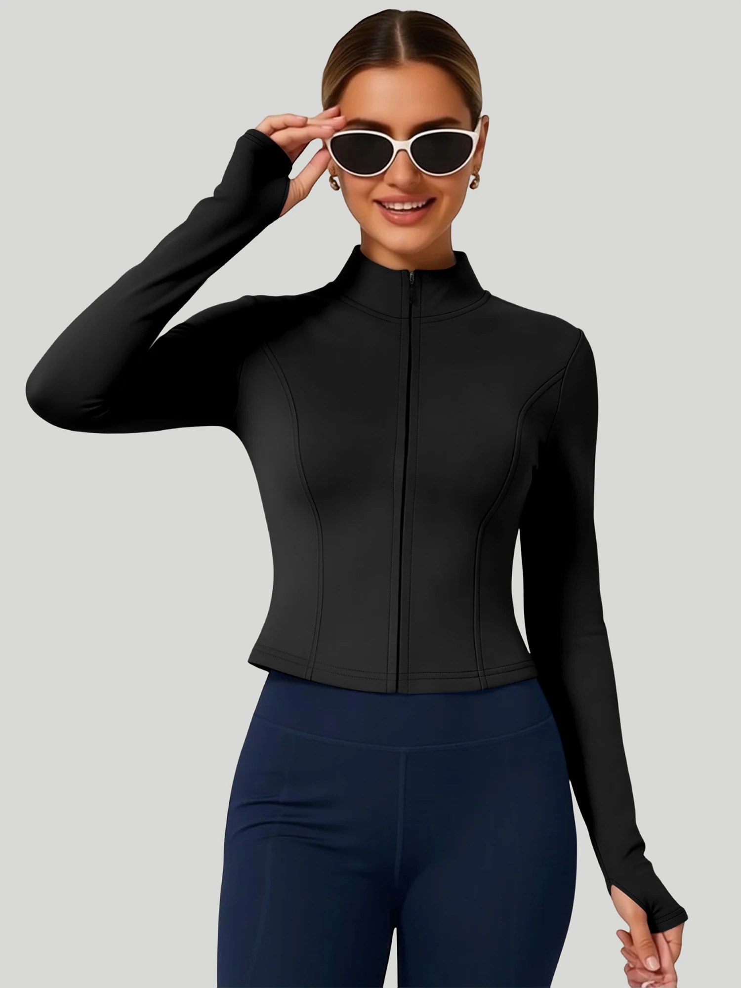 

Женская укороченная куртка на молнии с воротником-стойкой, облегающая, с длинными рукавами, высокоэластичная, для повседневной носки, спорта и отдыха