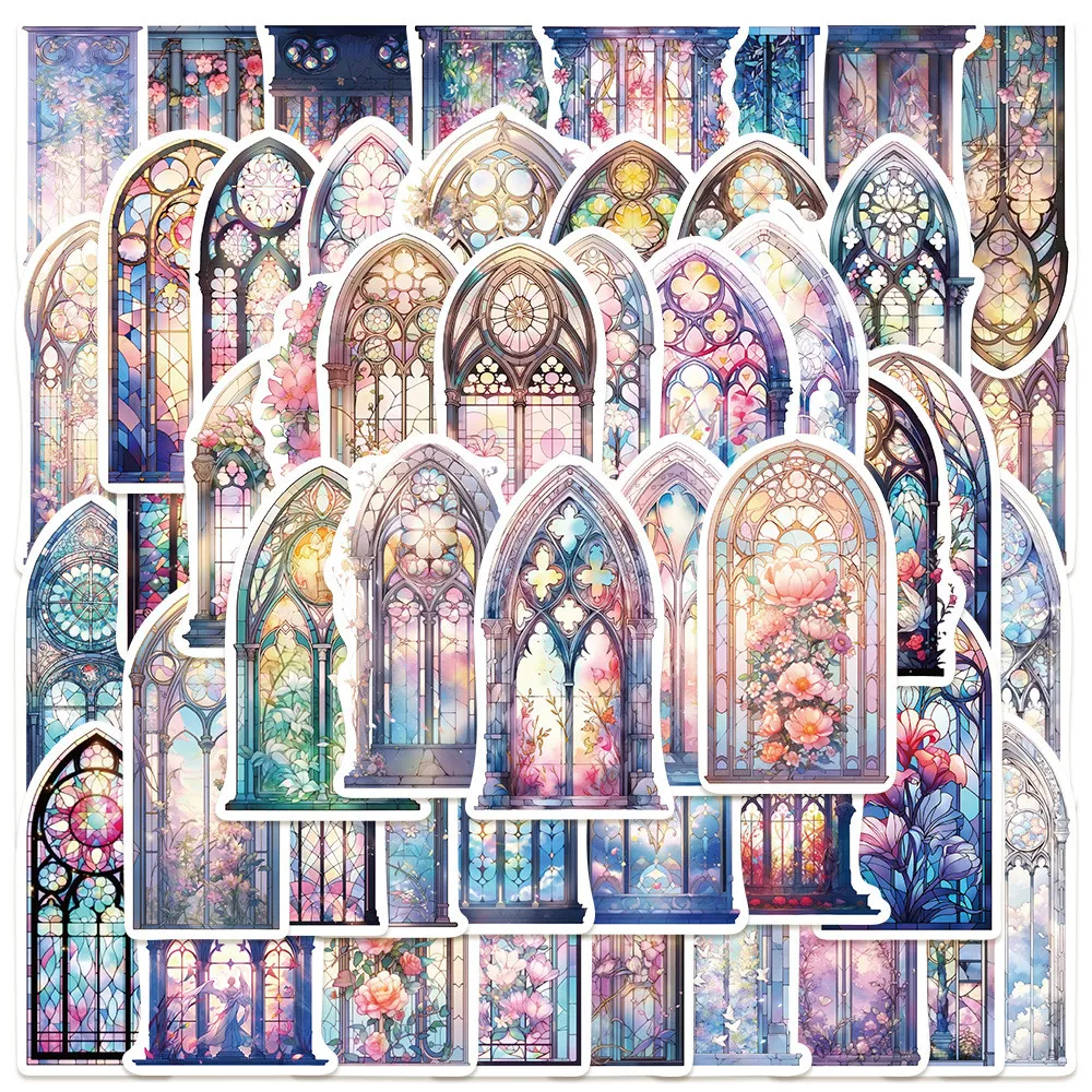 

50-Piece Elegant Church Window Stickers - Waterproof DIY Decorative Decals for Notebooks, Laptops, Journals & Phone Cases