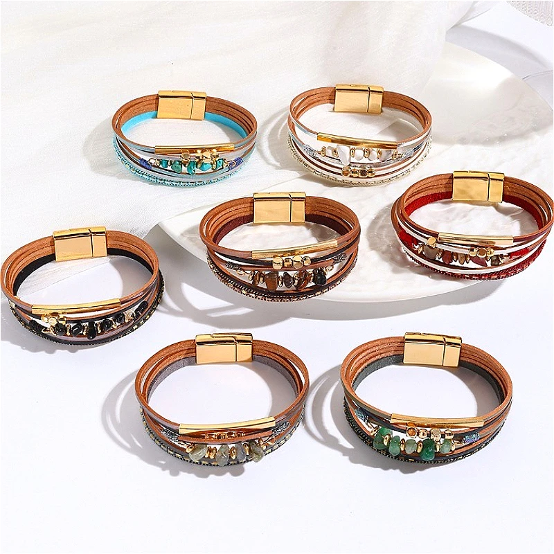 Bracelet magnétique bohème en pierres colorées, en cuir vintage épissé, multi-couches, bijou de main, cadeau d'anniversaire 2026 pour femme