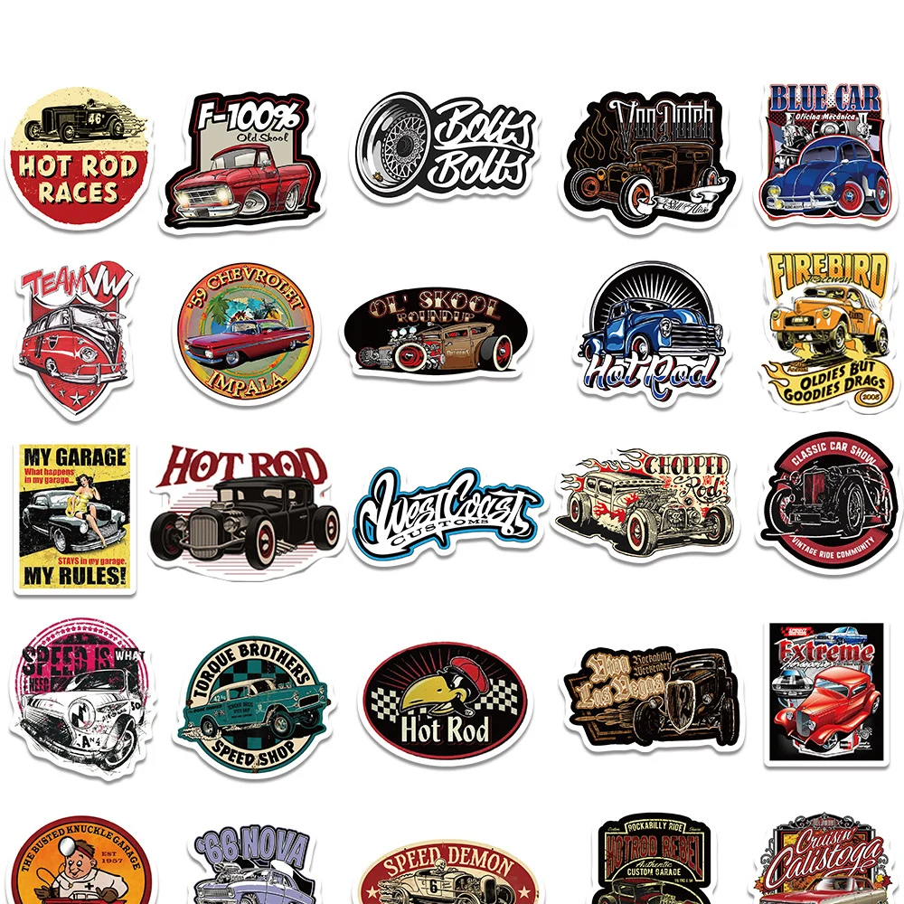 10/30/50pcs Vintage Car Cartoon Stickers Retro Hot Rod Decals DIY Phone Case Motorcycle Laptop Cool Graffiti Sticker Decoration