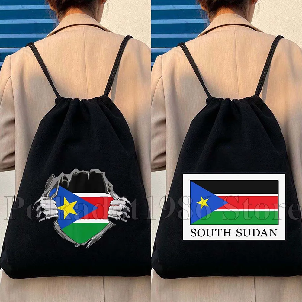 

South Sudan Flag Map Sudanese Canvas Drawstring Bags Soccer Backpack Cotton Gym Sackpack Gifts String Bag for Hiking Sports Yoga