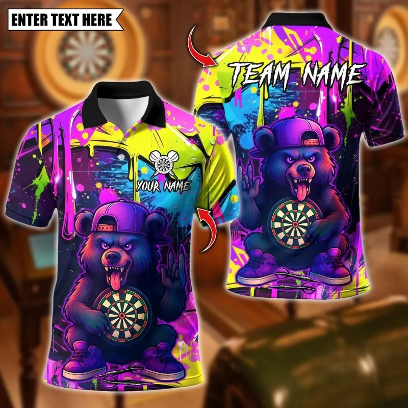 3D Print Cool Colorful Bear Polo Shirt For Men Customized Darts Pattern Tees Summer Loose Sport Short Sleeve Tops Lapel T-Shirts