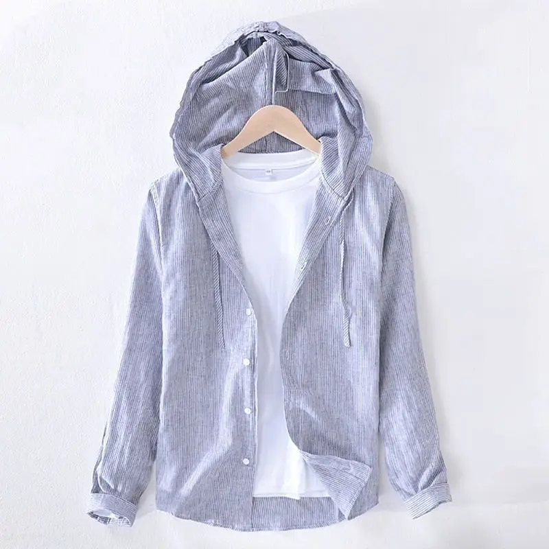 New Spring Style Men Long-sleeved Shirt Japanese Literary Casual Top Thin Hooded Striped Jacket