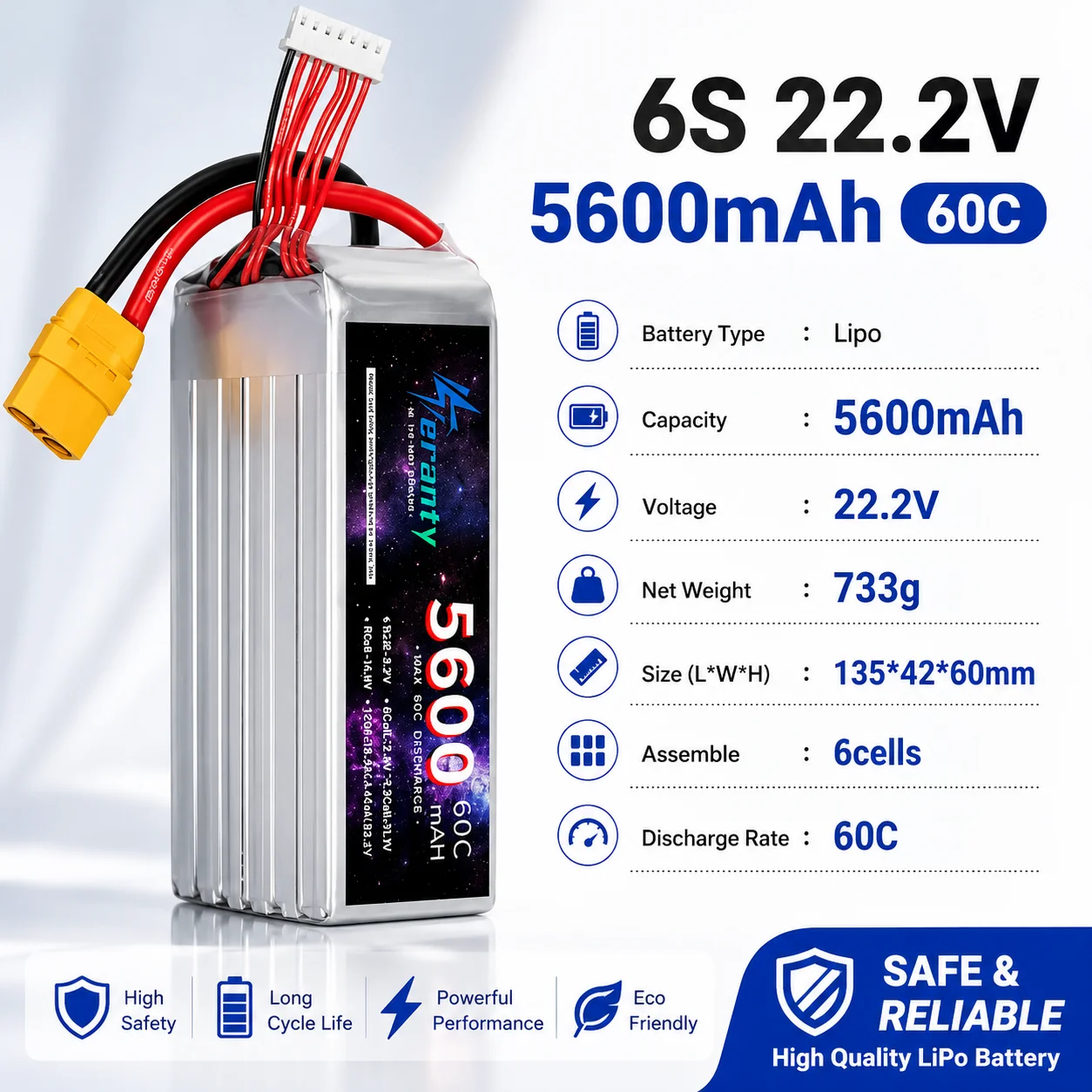 22.2V 6S 5600mAh 60C High Discharge LiPo Battery for FPV Drone RC Truck Off‑road Vehicle Aircraft Replacement