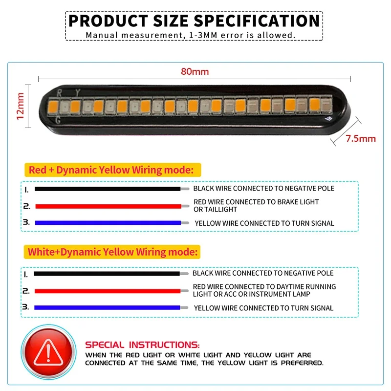 Barra de luz de seta para motocicleta, 2 peças, fluxo de água, luz de placa de licença, duas cores, led, freio traseiro, 24led, lâmpada de parada, indicadores traseiros