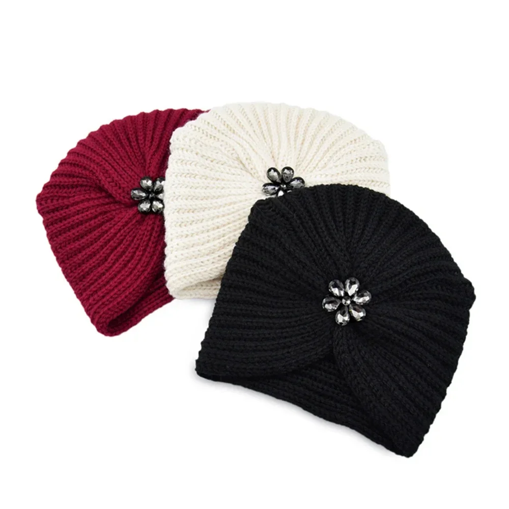 Bohemian Style Winter Woolen Flower Drill Belt Knitted Hat European and American  Women Turbans Cap