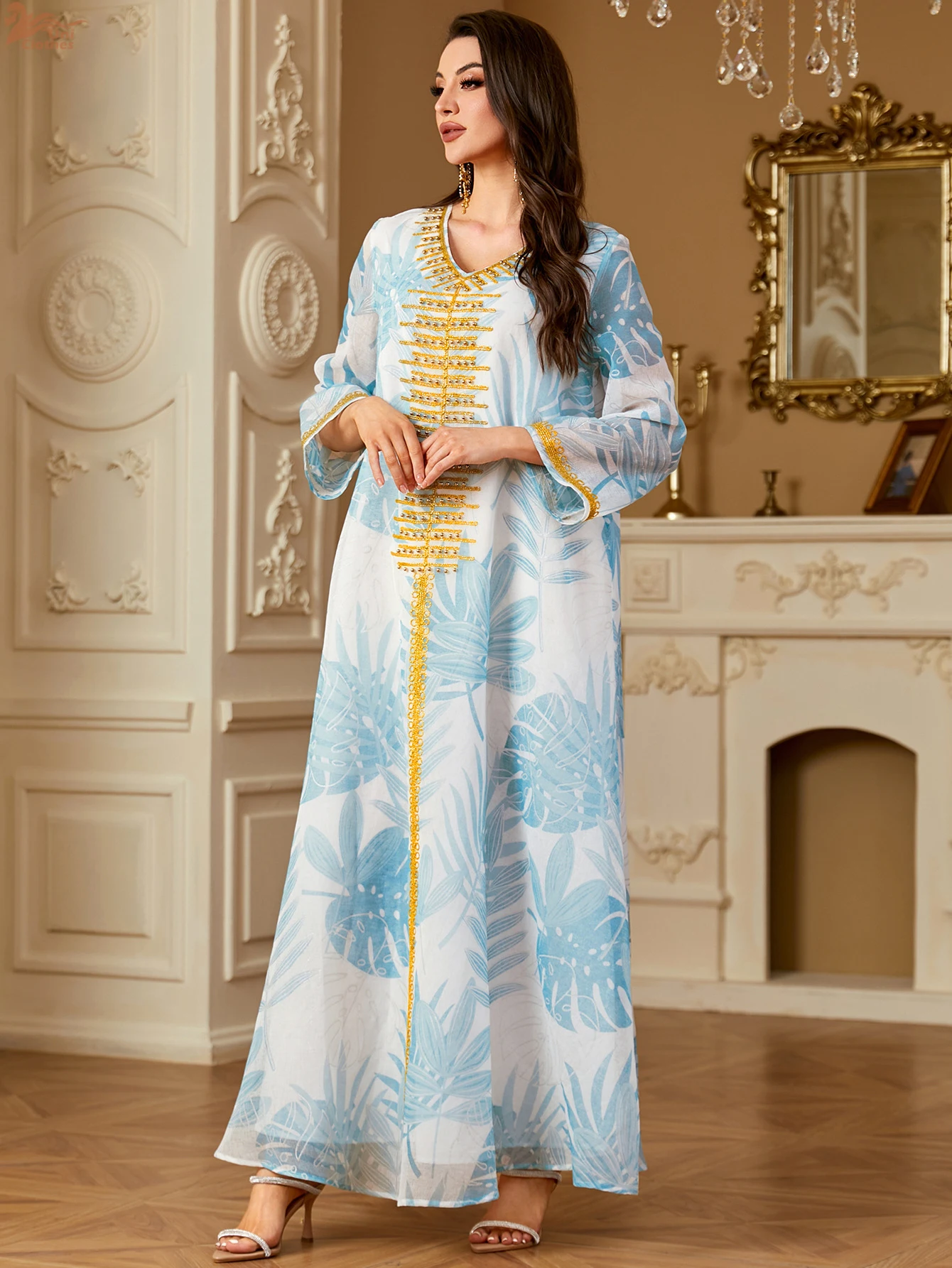 Uni New Dubai Jacquard Maxi Abaya Bordare Caftano Musulmano Abito con maniche a rete Scollo a V 2025