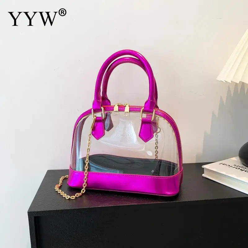 Transparent Jelly Women Clutch Handbag with PU Leather Top Handle Metal Chain Crossbody Shoulder Tote Bag Casual Messenger Purse