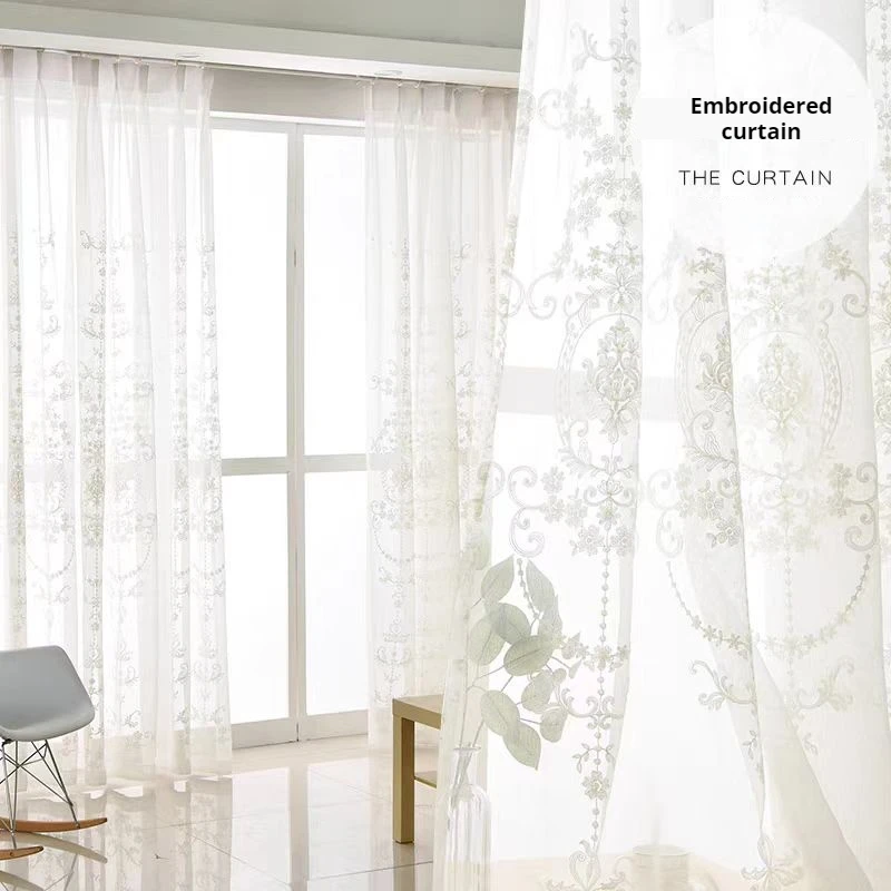 1PC Embroidered White Tulle Sheer Curtains Perforated  Luxury European Lace Wedding Flower Drapes Windows Semi Shading Living