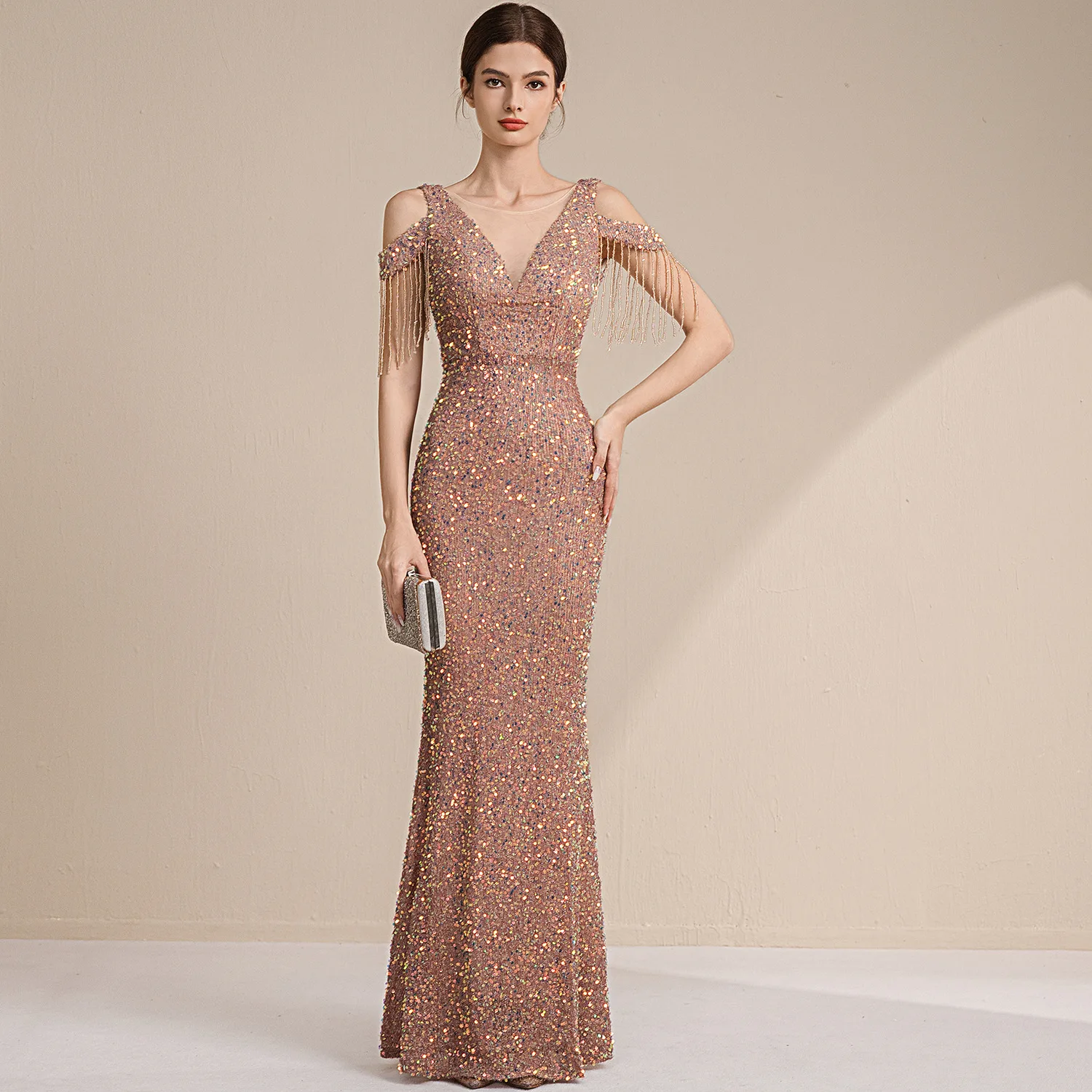 

Evening Gown Women Simple Graceful High-End Ladies Party Banquet Dinner Car Model Deep Tassel Long Dress