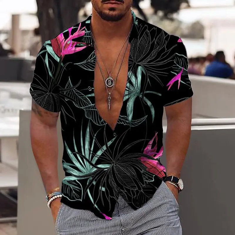 Hawaiian shirt coconut tree pattern printed shirt outdoor street short sleeve button clothing fashion design comfortable fabric