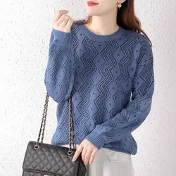 Women's Clothing Round Neck Hook Flower Hollow Autumn Winter Solid Color Pullover Long Sleeve Sweater Knitted Office Lady Tops