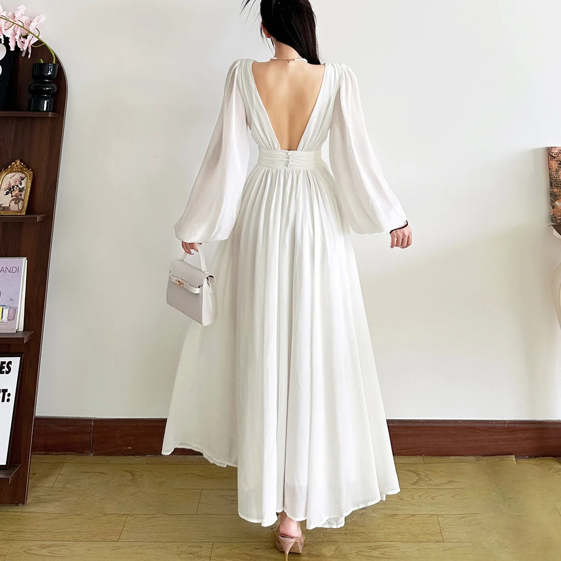 Sommer neue sexy V-ausschnitt einfarbig chiffon taille abnehmen temperament langärmelige kleid frauen