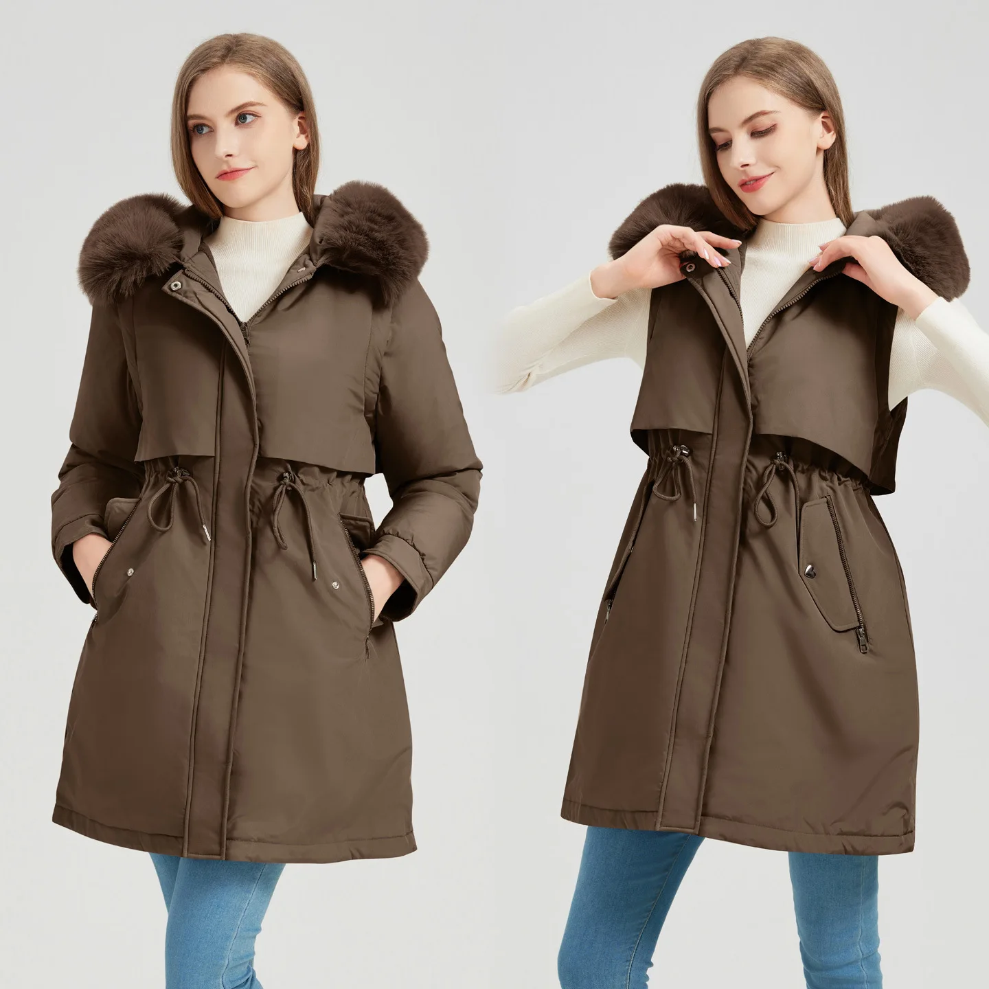 

Parkas Shiny Womens Winter Heavy Open High-Grade Grace Knitted Thick Waisted Hooded Elegant Cinching Check Square Design Popular