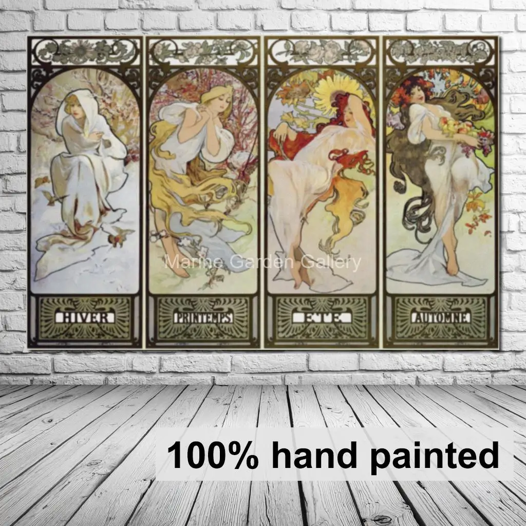 Large Canvas Art The Seasons Portrait by Alphonse Mucha Hand Painted Oil Painting Artwork Nouveau Woman Living Room Wall Decor
