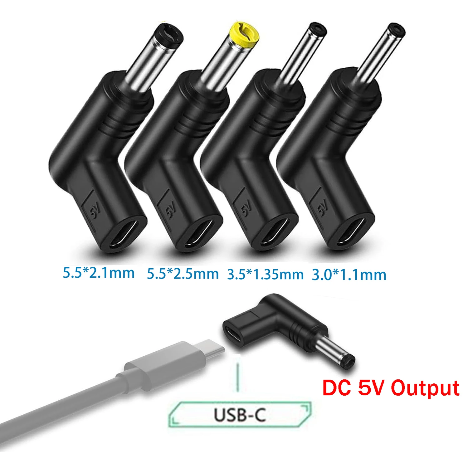 

4Pcs 90 Degree Angled USB C to DC 5V PD Charging Adapter Plug for Laptop、Router、Mobile Power Supply Charger Connector